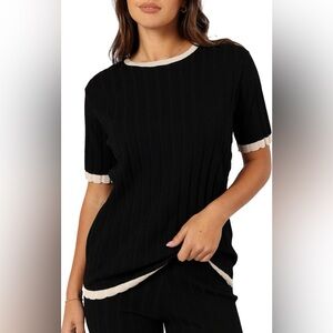 Henrie Contrast Trim Black and Cream Ribbed Knit Top and Pant Set